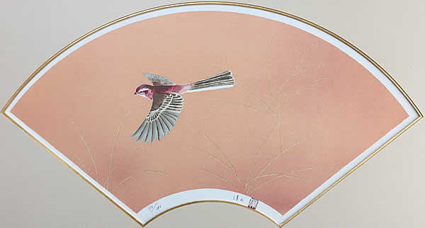 Long-tailed Rosefinch, lithograph by Atsushi UEMURA