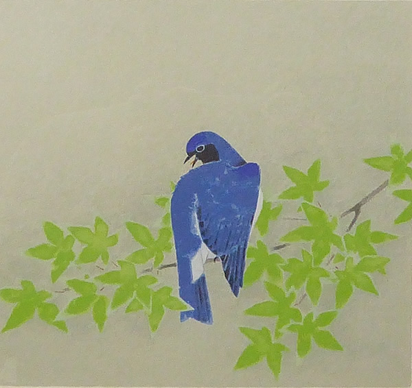 Blue-and-white Flycatcher, lithograph by Atsushi UEMURA