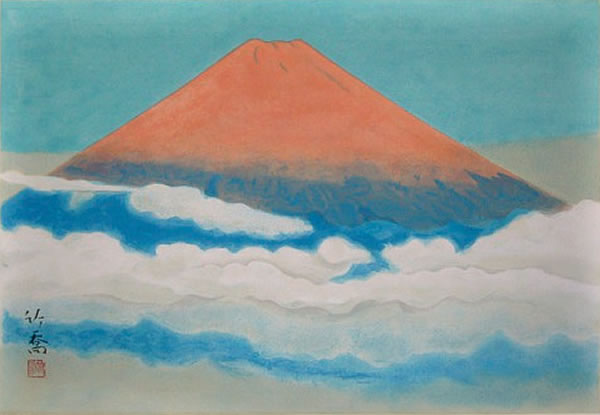 Red Mount Fuji, lithograph by Chikkyo ONO