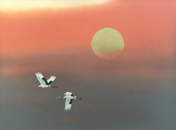 Sunrise with Flying Cranes, lithograph by Chusaku OYAMA