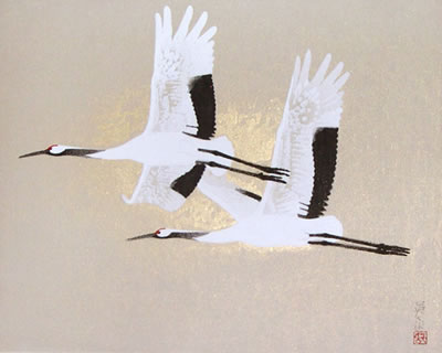 'Flying Cranes' woodcut by Eien IWAHASHI