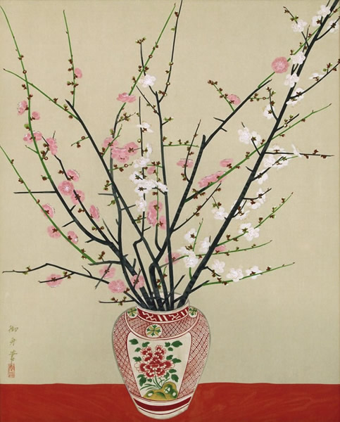 Plum Blossoms in a Vase, woodcut by Gyoshu HAYAMI