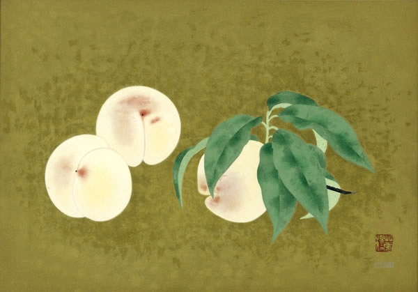 Peaches, woodcut by Kayo YAMAGUCHI