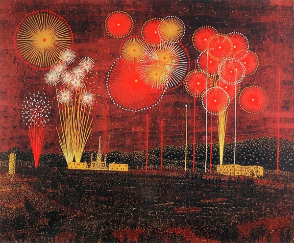 Fireworks in Tondabayashia, silkscreen by Kiyoshi YAMASHITA