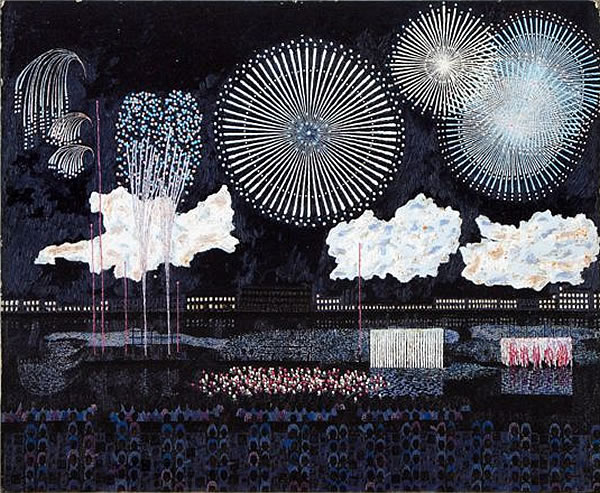 Fireworks in Ryogoku, screenprint by Kiyoshi YAMASHITA