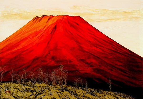 Red Mount Fuji, lithograph by Misao YOKOYAMA