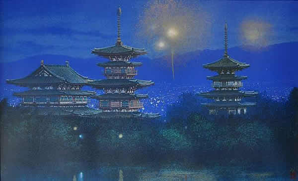Fireworks and Yakushiji Temple, lithograph by Nori SHIMIZU