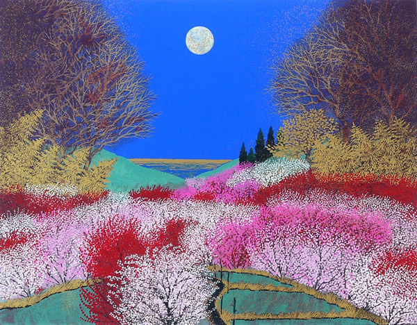 Flowers and Moon, lithograph by Reiji HIRAMATSU