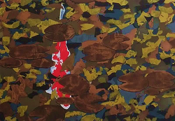 A Red Carp and The Lily Pond, Homage to Monet, lithograph by Reiji HIRAMATSU