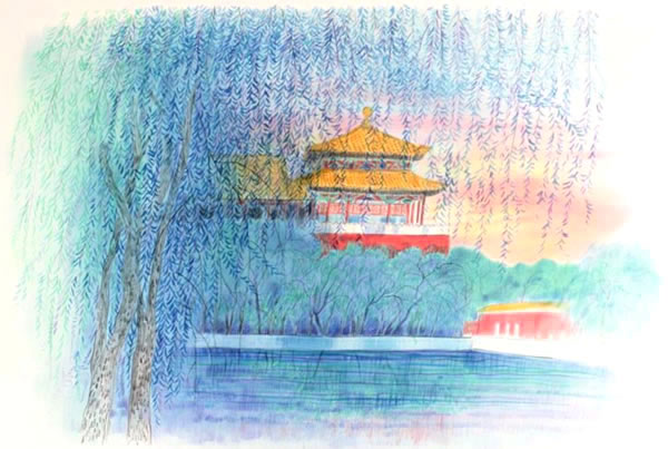 'West of the Meridian Gate from Tongzi River' lithograph by Reiji HIRAMATSU