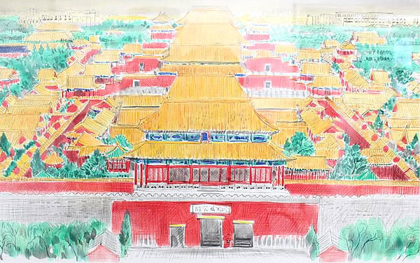'Overall View of the Forbidden City from Jingshan' lithograph by Reiji HIRAMATSU