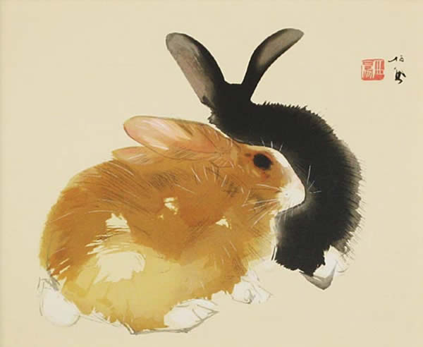 Rabbits, woodcut by Seiho TAKEUCHI