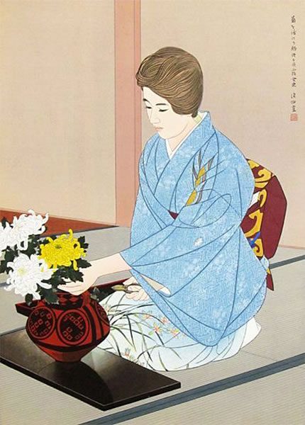 Arrangeng Chrysanthemums, woodcut by Shinsui ITO