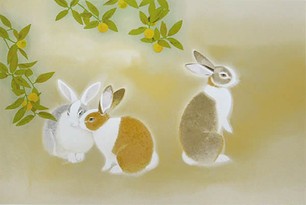 Rabbits, lithograph by Shoko UEMURA