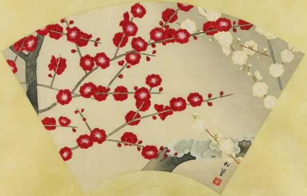 Red and White Plum Blossoms, woodcut by Shoko UEMURA