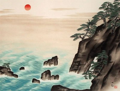 Island reflects the Sunrise, lithograph by Taikan YOKOYAMA