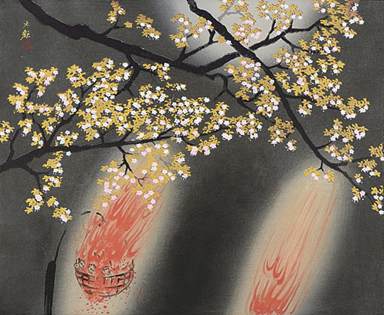 Cherry Blossoms at Night, woodcut by Taikan YOKOYAMA