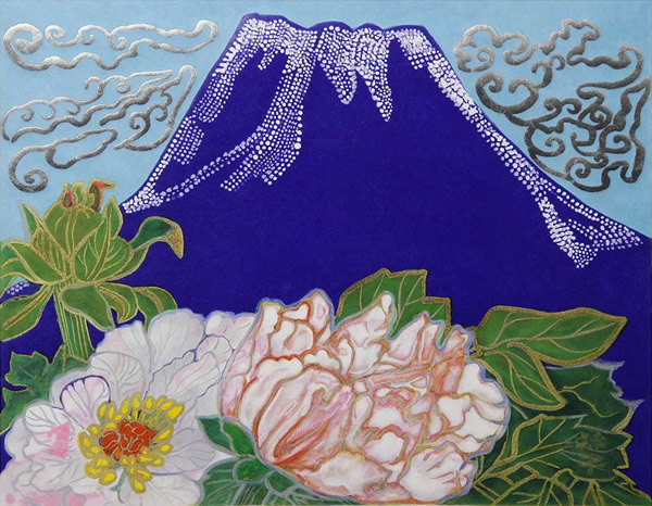 'Peonies and Blue Mt. Fuji' lithograph by Tamako KATAOKA