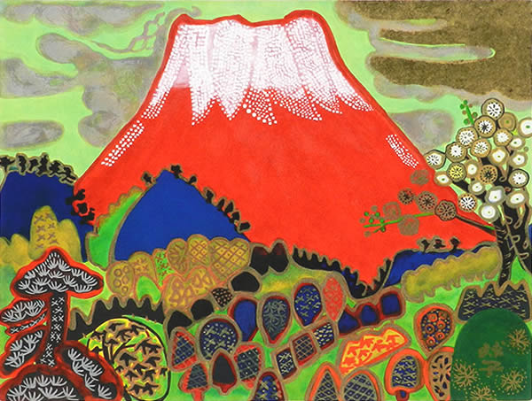 'Red Mt. Fuji in Early Spring' lithograph by Tamako KATAOKA