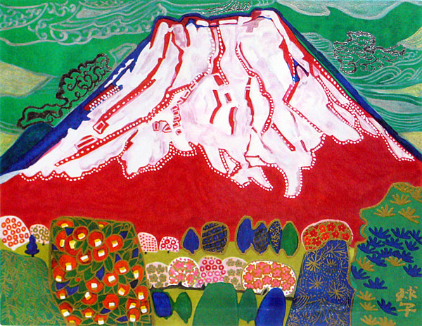 Blooming Flowers and Mt. Fuji, lithograph by Tamako KATAOKA
