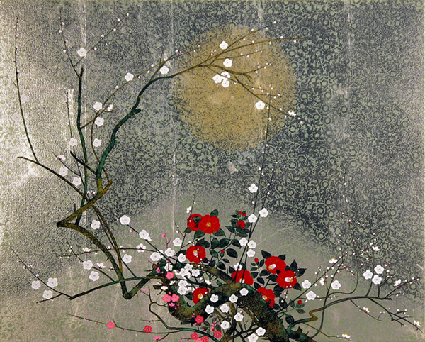 Plum Tree and Camellia, lithograph by Tatsuya ISHIODORI