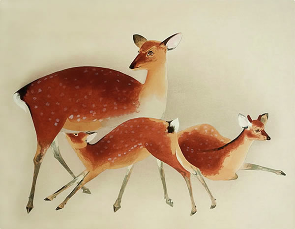 Deer, woodcut by Togyu OKUMURA