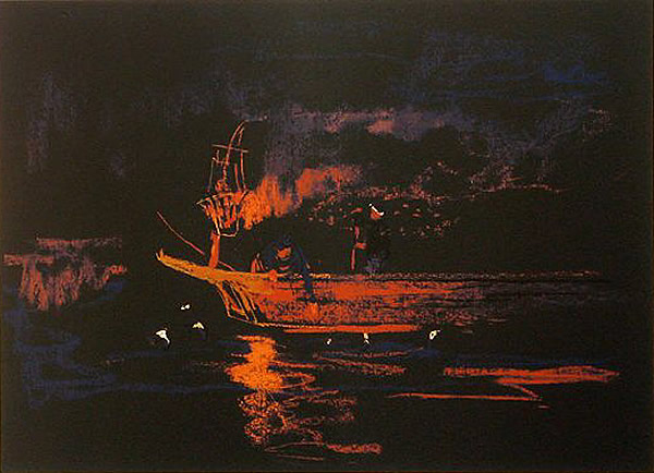 Fisherman's Fire, lithograph by Toichi KATO