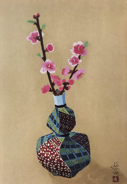 Peach blossoms in a bottle, woodcut by Yuki OGURA
