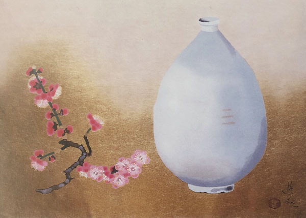 Joseon Pot and Red Plum Blossoms, woodcut by Yuki OGURA